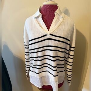 Adrianna Papell Striped V-Neck Sweater with Shirt Combo NWOT
